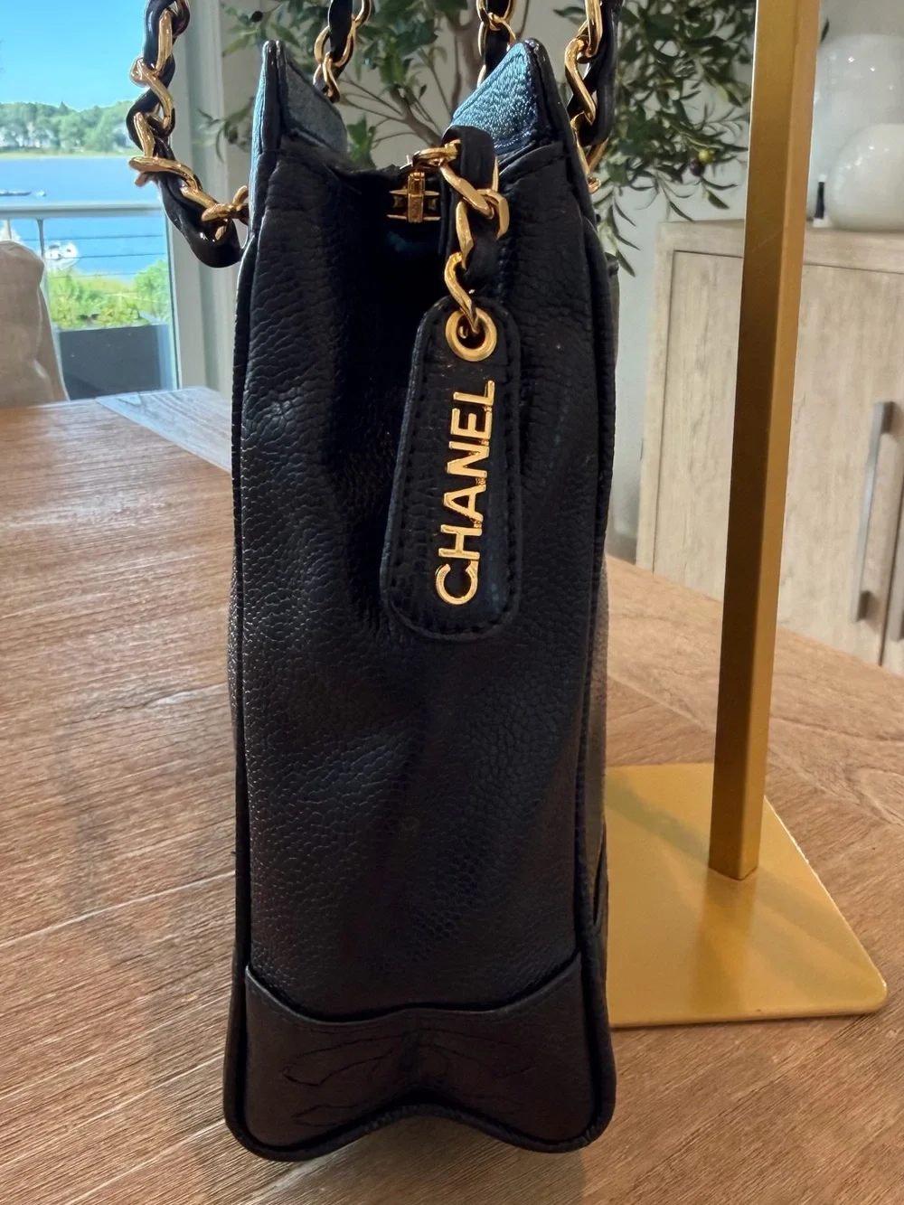CHANEL Black caviar Leather Shoulder Bag tote with Gold Chain Accents